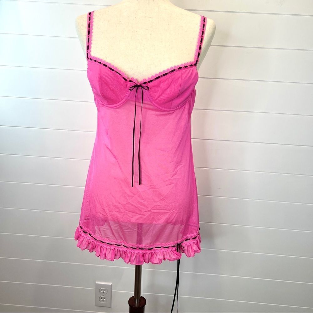 Victoria’s Secret Hot Pink Sheer Chemise 36B Black Ribbon Trim